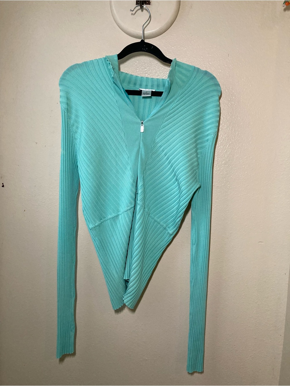 Cache Silk Turquoise Ribbed Zip-Front Ruffle Collar Blouse Rhinestone Zipper